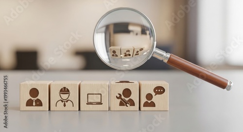 Investigative concept a magnifying glass focuses on wooden blocks depicting diverse faces and symbolic icons