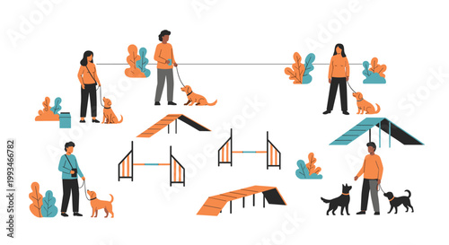Illustration showing various people training their pet dogs at an agility park with equipment like hurdles, ramps, and climbing frames.