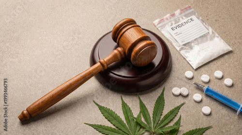 Judge gavel with drug evidence, syringe and cannabis leaves, narcotics crime and criminal law concept. 