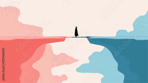 Flat vector illustration of a lone figure standing on a divide between red and blue abstract landscapes, suitable for conceptual art, psychological themes, or introspective designs.