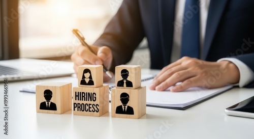 Strategic hiring process a business professional constructs a team with wooden block figures representing recruitment and growth