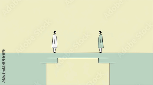 Flat vector illustration of two people facing each other across a gap, suitable for concepts of distance, communication, or connection.