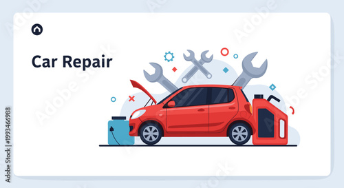 Professional car repair service concept illustration showing a red hatchback with open hood surrounded by mechanic tools and spare parts.