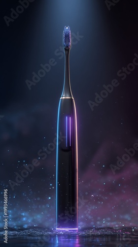 Modern electric toothbrush with neon lighting and water splashes on dark background 
