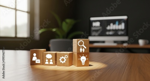 A modern workspace featuring stacked cylindrical containers with illuminated icons and a blurred computer screen backdrop