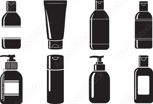 Black cosmetic bottles displayed side by side on transparent background silhouette. Cosmetic bottles vector illustration.