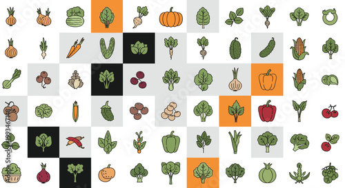 Colorful grid of various vegetable icons including leafy greens, roots, and peppers arranged in a mosaic pattern for healthy eating concepts.