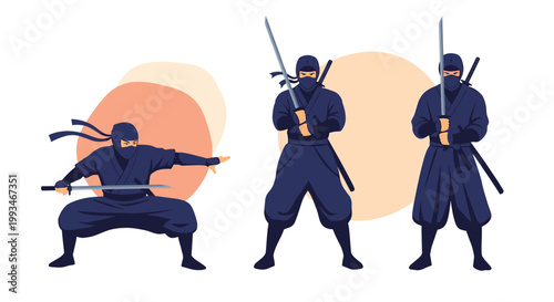 Stealthy ninja warriors depicted in dynamic combat stances wielding traditional katanas against soft abstract background shapes.