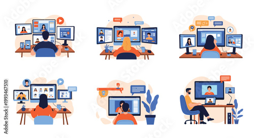 Collection of remote work scenes showing professionals engaged in video conferences and digital collaboration from their home office desks.