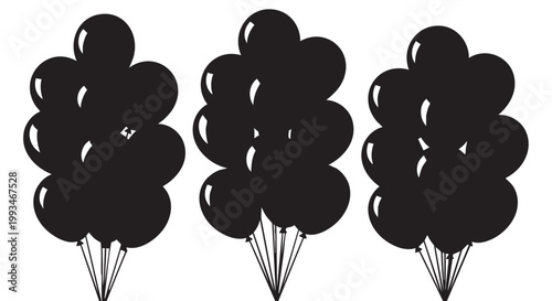 Group of black balloons for party decoration collection isolated on white background vector illustration.