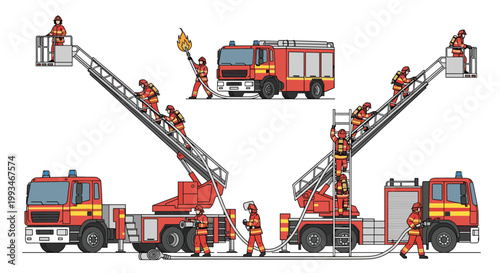 Firefighters and rescue vehicles in action depicting emergency response scenes with fire trucks, ladders, hoses, and brave personnel.