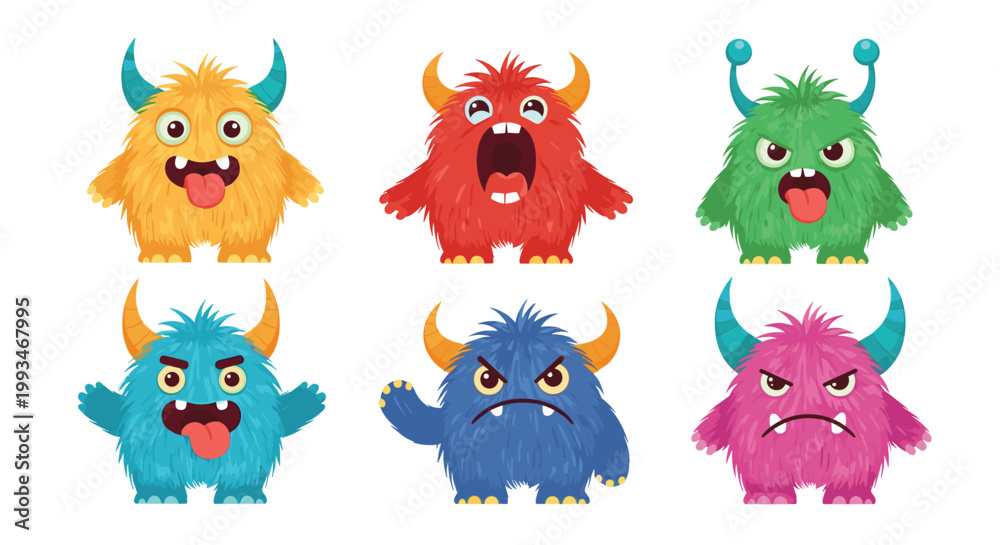Obraz premium Collection of six colorful furry monster characters featuring various fun expressions from happy and laughing to angry and grumpy.