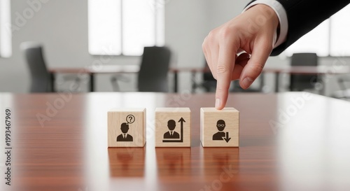 Strategic human resources a hand selects a person from wooden blocks representing team members and leadership choices