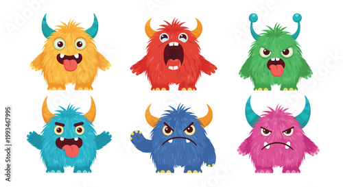 Collection of six colorful furry monster characters featuring various fun expressions from happy and laughing to angry and grumpy.