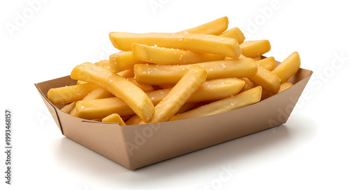 Golden crispy french fries in takeaway paper tray on white background, fast food snack concept ai generated