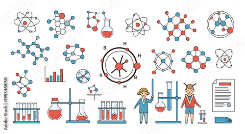 Chemistry and science education set featuring diverse molecular structures, laboratory equipment, data charts, and two curious young students.