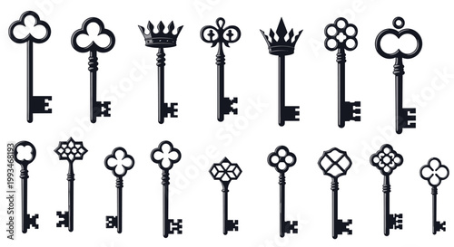 Collection of antique skeleton keys featuring ornate decorative bows and various bit patterns isolated on a plain white background.