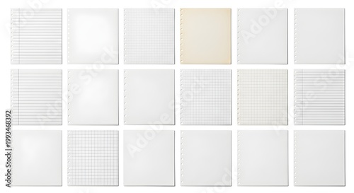 Set of various paper sheets with holes for a binder, isolated on white background