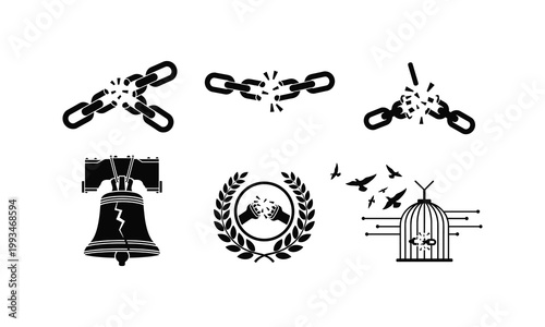 Freedom concept with broken chains liberty bell and birds flying from cage vector silhouette.