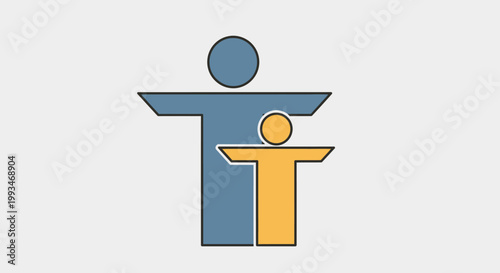 Abstract blue and orange human figures symbolizing a parent protecting a child, representing family connection and guidance on a light gray background.