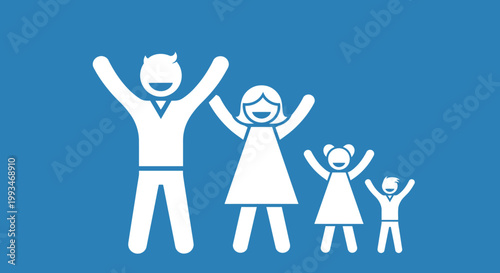Cheerful white stick figures of a happy family, including parents and two children, celebrating togetherness on a vibrant blue background.