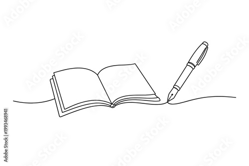 Minimalist Continuous One Line Drawing of an Open Book and Fountain Pen. Elegant Vector Illustration for Writing, Education, Literature, Journaling, and Creative Storytelling Concepts.
