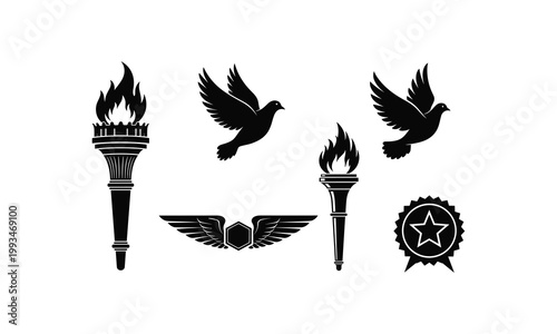 Vector silhouette icons of torches, doves, wings and star emblem.