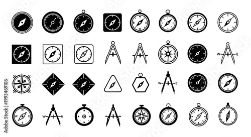 Extensive collection of compass and drafting tool icons representing navigation and measurement on an isolated white background.