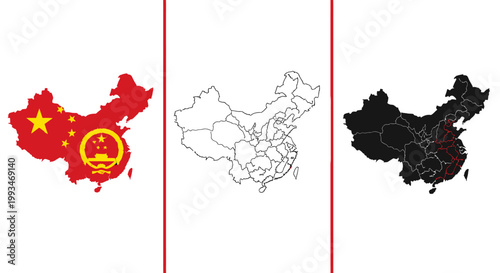 Comprehensive set of three China map variations: national flag design, precise outline, and solid silhouette on isolated white background.