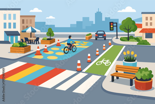 Tactical urbanism street improvements illustration featuring a colorful crosswalk, dedicated bike lane with a cyclist, traffic cones, outdoor cafe seating, and planters in a modern city scene.