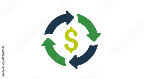 Vivid icon of dollar sign with circulating green and blue arrows, representing financial transactions and growth, on isolated white background.