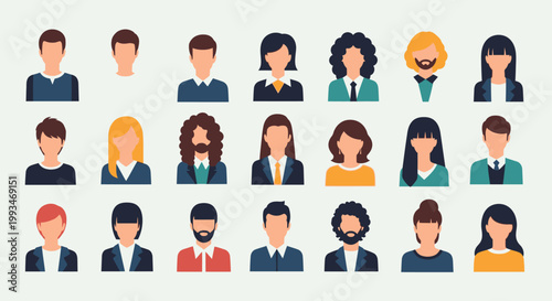 Extensive collection of diverse male and female avatar user profile icons representing various professions and styles on light green background.