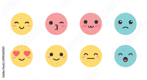 Collection of cute and expressive emoji faces with various emotions like happy, kissing, sad, and winking on isolated white background.