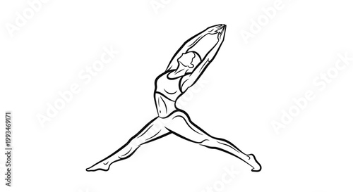 Elegant outline drawing of a graceful female figure in an artistic yoga pose on isolated white background.