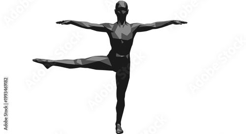 Dynamic abstract low poly female dancer figure performing ballet arabesque pose on isolated white background.