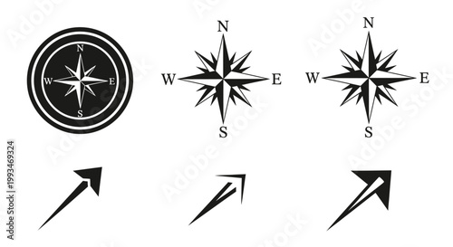 Set of compass and arrow icons for navigation and direction, in bright studio.
