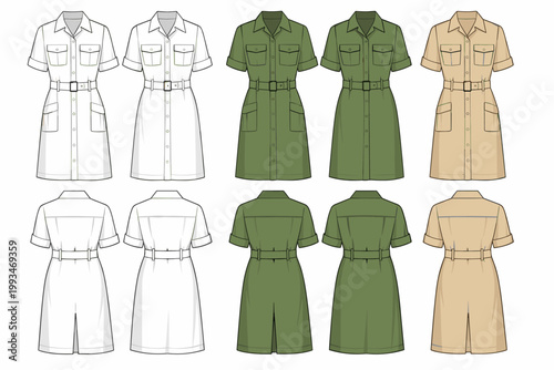 Women's Safari Shirt Dress Technical Fashion Illustration, Midi Button Down Utility Dress with Belt and Pockets, Front and Back View Fashion Flat Sketch Template in White, Green, and Khaki