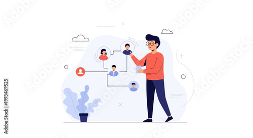 Man organizing team structure, human resources, flowchart, business concept illustration
