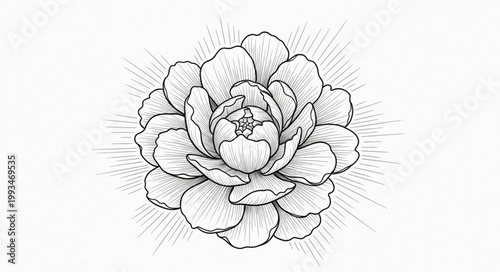 Detailed Sketch of a Blooming Peony Flower with Radial Lines.