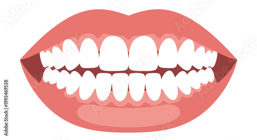 Cartoon vector illustration of an open woman's mouth with a pink tongue, white teeth, and smiling lips for dental health and beauty care