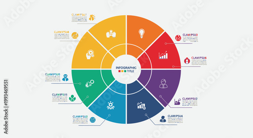 Flat business infographic template featuring a vector illustration of circular network elements and web marketing icons for a professional technology diagram layout