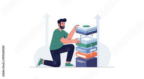 Man stacking data layers, concept of data management, cloud computing, and analytics