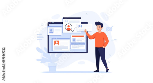 Man reviewing resumes on a digital screen, recruitment and hiring concept