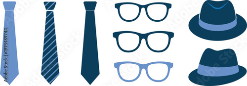 Men’s fashion accessories set including ties glasses and hats in stylish blue tones