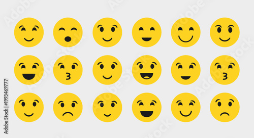 Set of yellow cartoon emoticons featuring a variety of happy and sad facial expressions with funny vector smileys and cheerful icons for a diverse emotion symbol collection