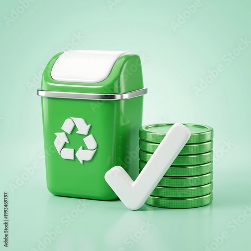 A green recycling bin with a white checkmark and stacked coins