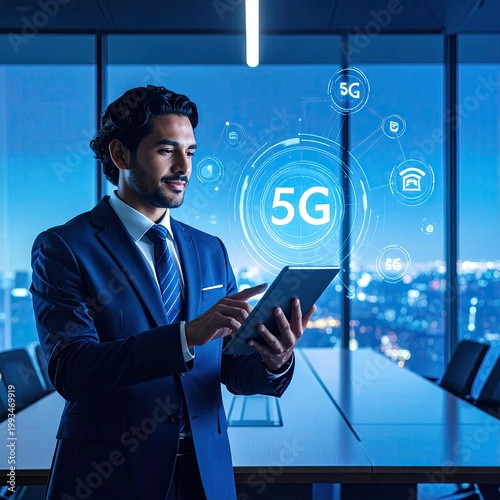 Businessman Using Tablet with 5G Technology Interface.