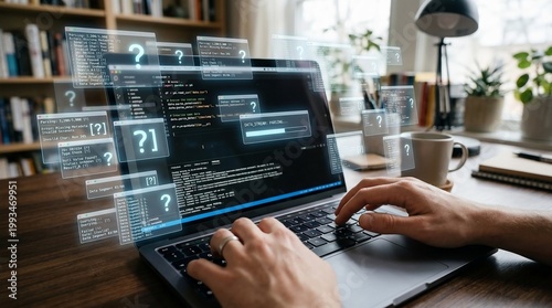 Programmer Works on Complex Code with Holographic Data Overlays