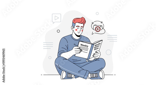 Man reading a book about weekly video ideas, inspiration concept