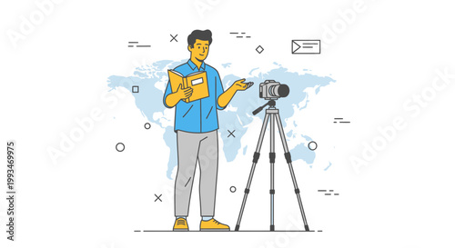 Man Presenting with Book and Camera on Tripod, World Map Background